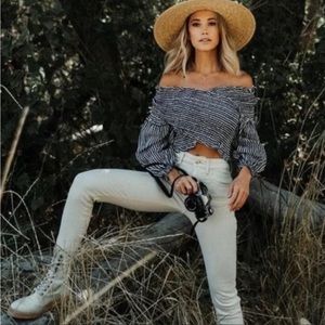 Zara blue/white striped smocked/ruched cris-cross long sleeve top